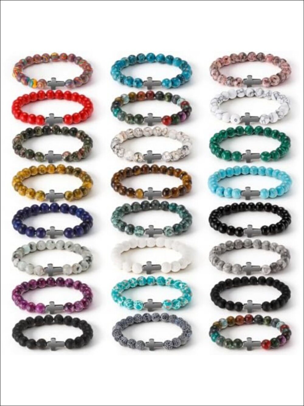 24 Pc Cross Beaded Bracelets 8mm Natural Stone Unisex Stretch